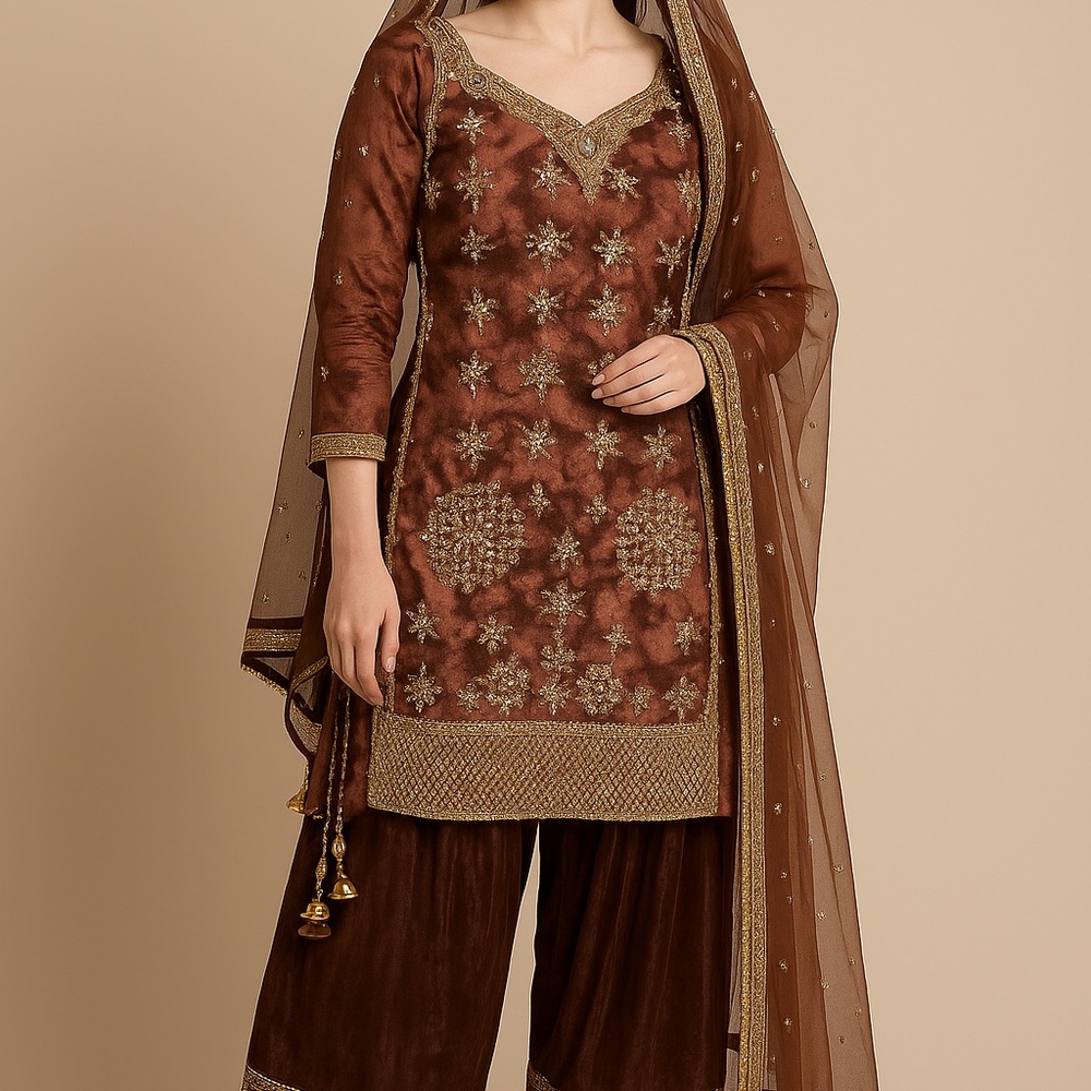 β¨ Lavish Brown & Gold Embellished Party Suit β New, Never Worn (3-Piece) Plazzo - Picture 3 of 14